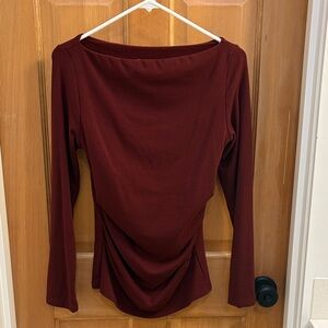 OGL BRAMI Boatneck Ruched Burgundy Long Sleeve Top Medium